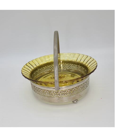 Vtg c1900s Heisey Glass Amber Bride Basket Royal Rochester Silver Repousse Stand - Picture 4 of 10